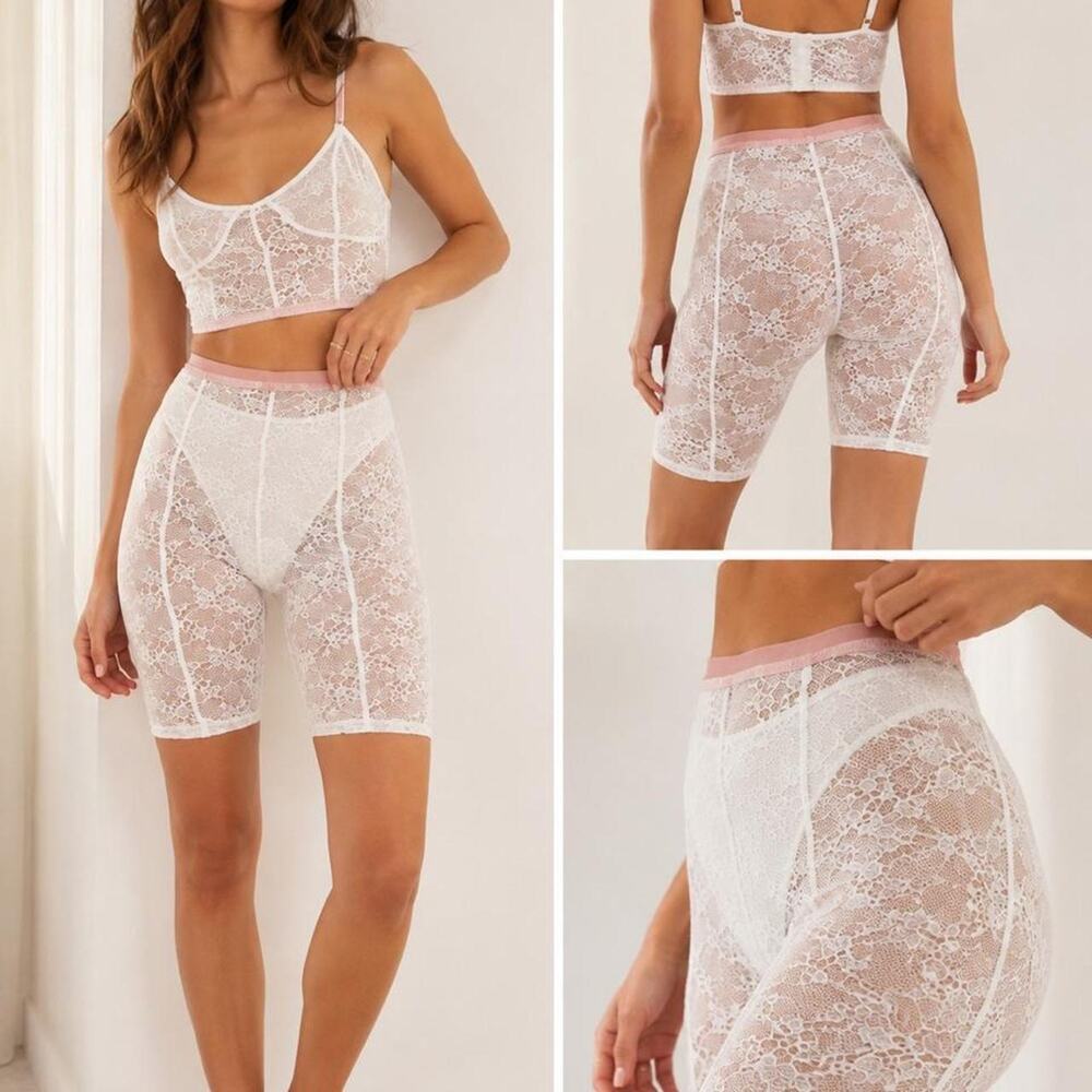Free People Lucy Lace Bike Shorts White Pink Trim XS - Picture 2 of 4